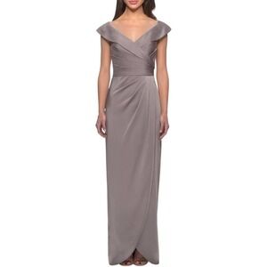 La Femme Gown Ruched Off Shoulder Formal Dress Pewter Sz 2